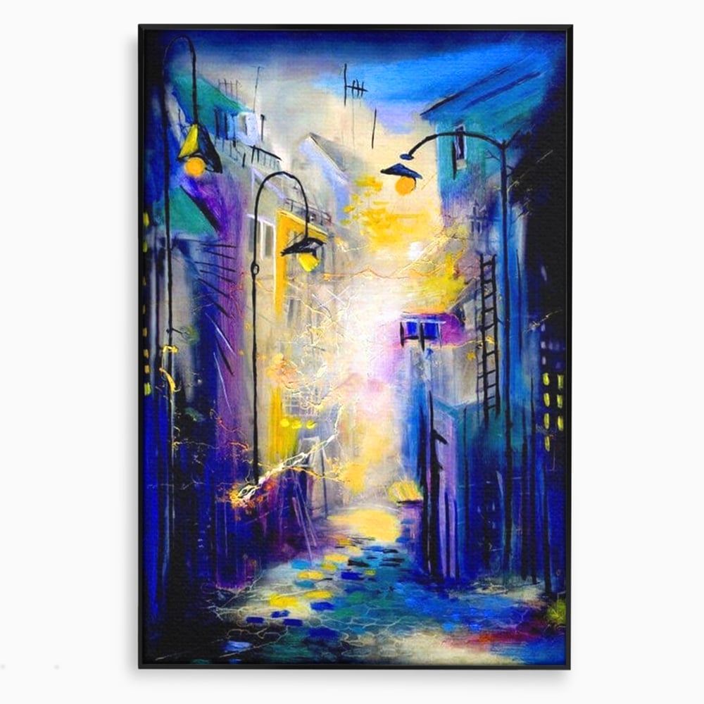 Tablou canvas cu pictura stradala cu iluminat nocturn, in rama de aluminiu negru